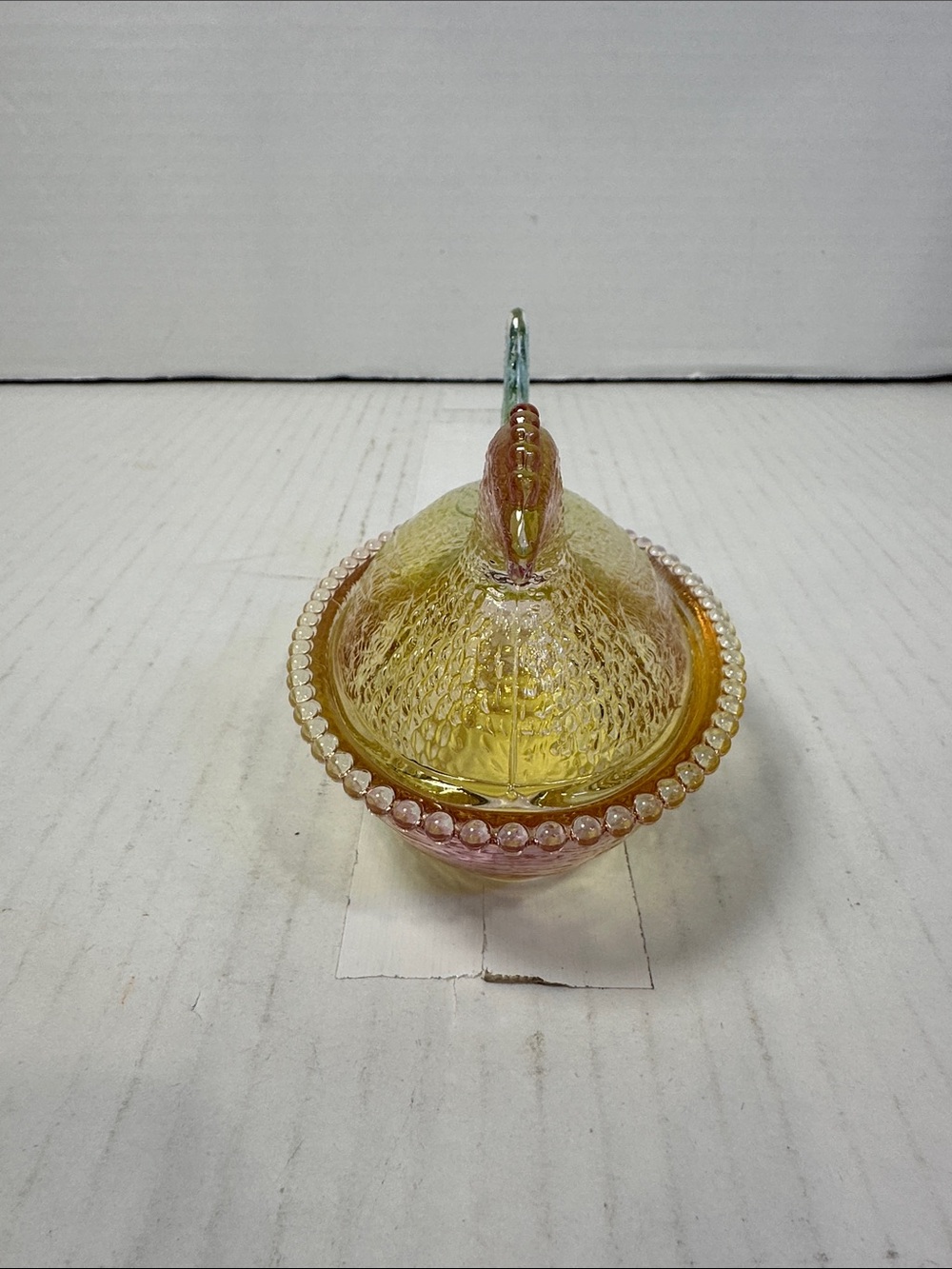 Iridescent Yellow Glass chicken Covered Dish with Beaded Edge